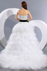 Sweetheart Appliqued Cascade Cathedral Bridal Dress With Black Belt