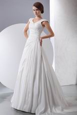 Beautiful V-neck Pleated Chapel Train Ivory Princess Wedding Dress