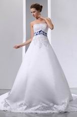 Strapless Appliqued Empire Chapel Wedding Dress With Blue Color