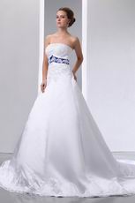 Strapless Appliqued Empire Chapel Wedding Dress With Blue Color