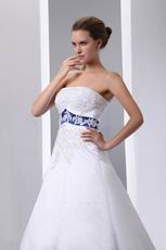 Strapless Appliqued Empire Chapel Wedding Dress With Blue Color