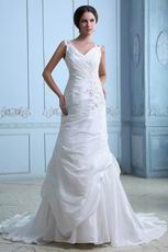 Cheap V-Neck Embroidery Beading Chapel Ivory Taffeta Bridal Dress