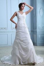 Cheap V-Neck Embroidery Beading Chapel Ivory Taffeta Bridal Dress