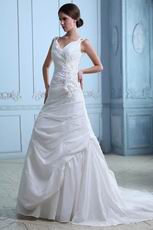 Cheap V-Neck Embroidery Beading Chapel Ivory Taffeta Bridal Dress