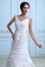 Cheap V-Neck Embroidery Beading Chapel Ivory Taffeta Bridal Dress