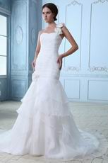 Fashion Flowers Strap Mermaid Layers Organza Princess Wedding Dress