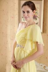 One Shoulder Ruffle Sleeve Chapel Train Yellow Green Chiffon Prom Dress