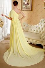 One Shoulder Ruffle Sleeve Chapel Train Yellow Green Chiffon Prom Dress