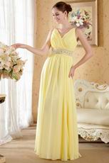 Beautiful V-neck Beaded Yellow Chiffon Dress For Prom Party