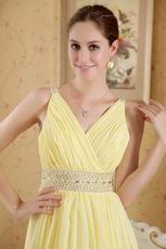 Beautiful V-neck Beaded Yellow Chiffon Dress For Prom Party