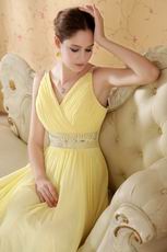 Beautiful V-neck Beaded Yellow Chiffon Dress For Prom Party