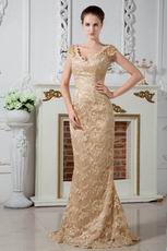 Sexy V Neck Dark Champagne Lace Prom Party Dress With Cap Sleeves
