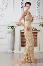 Sexy V Neck Dark Champagne Lace Prom Party Dress With Cap Sleeves