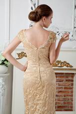 Sexy V Neck Dark Champagne Lace Prom Party Dress With Cap Sleeves