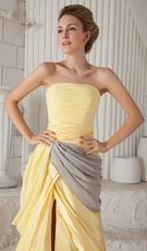 Cheap Strapless Yellow Amazing Prom Dresses With Front Split Skirt