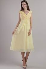 V Neckline Tea-length Yellow Chiffon Short Dress For Prom Party