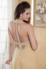 Modern Halter Ruched Bodice Dark Yellow Chiffon Prom Dress