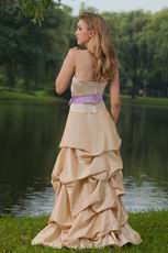 Bubble Skirt Champagne Formal Prom Dress With Lilac Sash