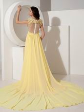 V-neck Sequin Light Yellow Prom Dress With Handcrafted Flowers