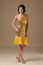 Single One Shoulder Golden Flaring Sequin Fabric Short Prom Dress