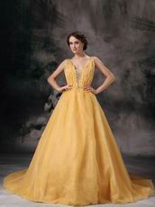 Modest V-neck Dark Yellow Organza Puffy Quinceanera Ball Gown