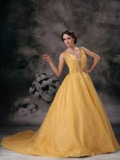 Modest V-neck Dark Yellow Organza Puffy Quinceanera Ball Gown