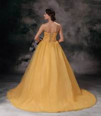 Modest V-neck Dark Yellow Organza Puffy Quinceanera Ball Gown