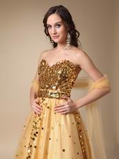 Sweet Heart Golden Sequin Dress For Evening Party Wear