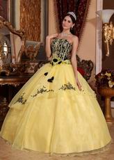 Yellow Embroidery Quinceanera Gown With Handmade Flowers