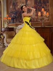 Bright Yellow Layers Cascade Long Skirt Dress To Quinceanera