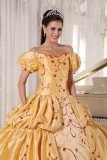 Short Sleeves Golden Quinceanera Dress Off Shoulder Neck