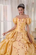 Short Sleeves Golden Quinceanera Dress Off Shoulder Neck