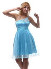 Cheap Single Left Strap Aqua Blue Short Tulle Prom Dresses Shop