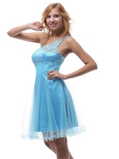 Cheap Single Left Strap Aqua Blue Short Tulle Prom Dresses Shop