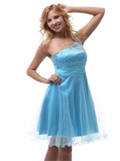 Cheap Single Left Strap Aqua Blue Short Tulle Prom Dresses Shop