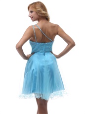 Cheap Single Left Strap Aqua Blue Short Tulle Prom Dresses Shop