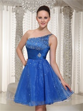 Dignified Royal Blue Organza Single Strap Knee Length Cocktail Dress Bustle