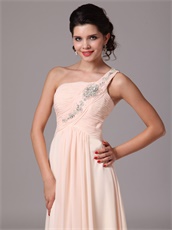 One Shoulder Pearl Champagne Prom Gowns With One Shoulder Skirt