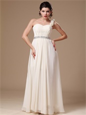 Silver Beading Banquet Prom Gowns One Shoulder Cream Chiffon Long