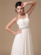 Silver Beading Banquet Prom Gowns One Shoulder Cream Chiffon Long