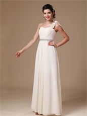 Silver Beading Banquet Prom Gowns One Shoulder Cream Chiffon Long