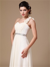 Silver Beading Banquet Prom Gowns One Shoulder Cream Chiffon Long