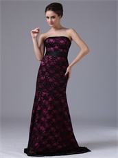 Strapless Black Flat Lace Mother Evening Dress Fuchsia Lining Inside