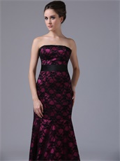Strapless Black Flat Lace Mother Evening Dress Fuchsia Lining Inside