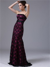 Strapless Black Flat Lace Mother Evening Dress Fuchsia Lining Inside