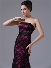 Strapless Black Flat Lace Mother Evening Dress Fuchsia Lining Inside