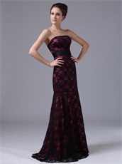 Strapless Black Flat Lace Mother Evening Dress Fuchsia Lining Inside