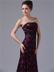 Strapless Black Flat Lace Mother Evening Dress Fuchsia Lining Inside