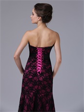 Strapless Black Flat Lace Mother Evening Dress Fuchsia Lining Inside