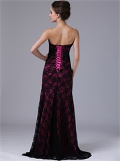 Strapless Black Flat Lace Mother Evening Dress Fuchsia Lining Inside